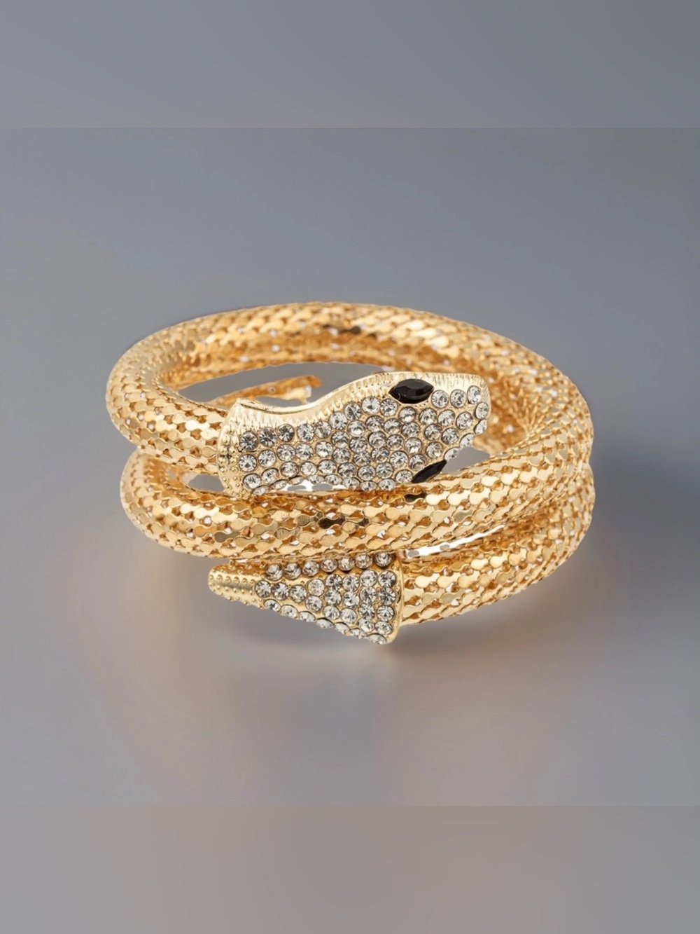 vintage gold-toned mesh Snake serpent bracelet clear rhinestones with Black Eyes